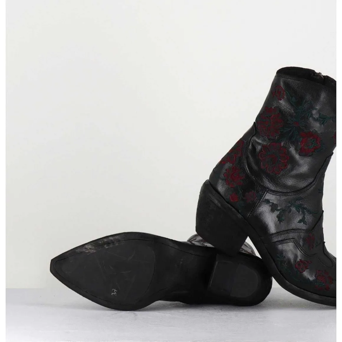 Santiags Cuir Noir Broderies Fleurs - 3843 Ignis Nero
