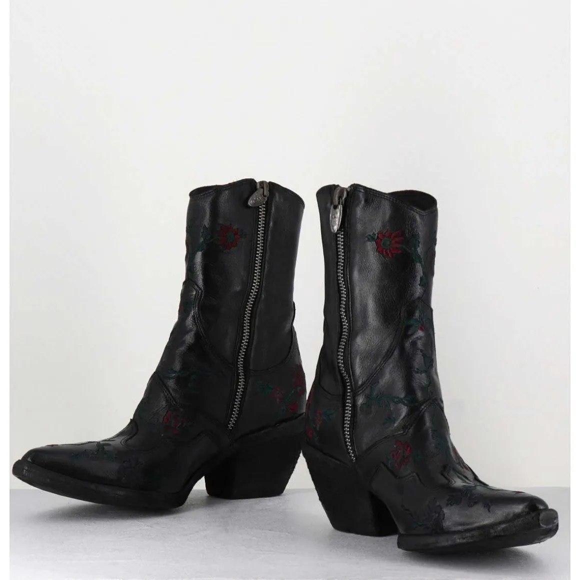 Santiags Cuir Noir Broderies Fleurs - 3843 Ignis Nero