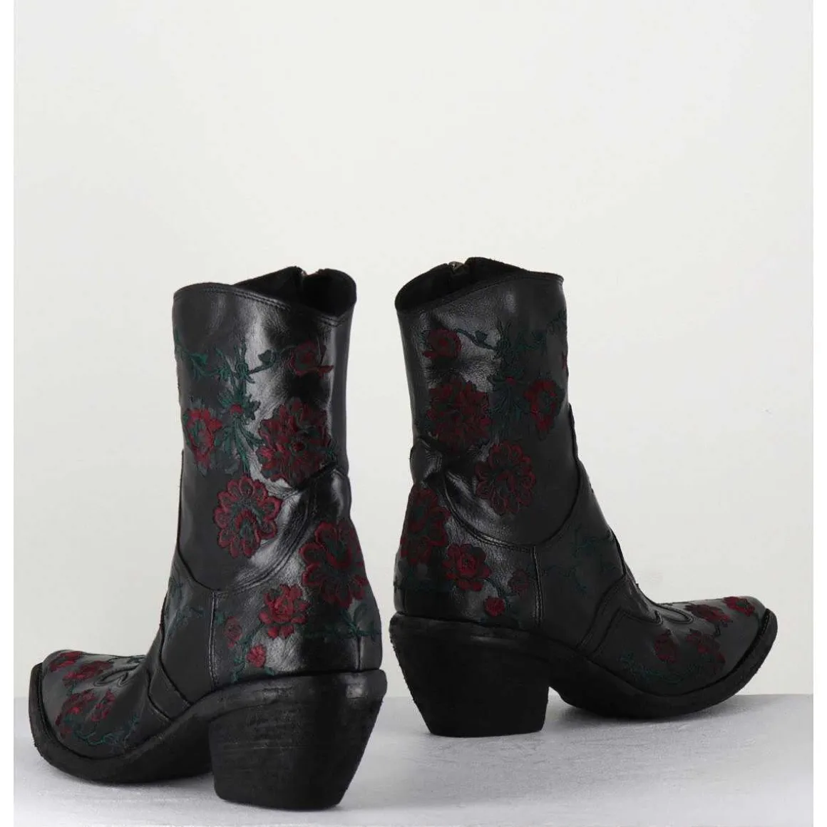 Santiags Cuir Noir Broderies Fleurs - 3843 Ignis Nero