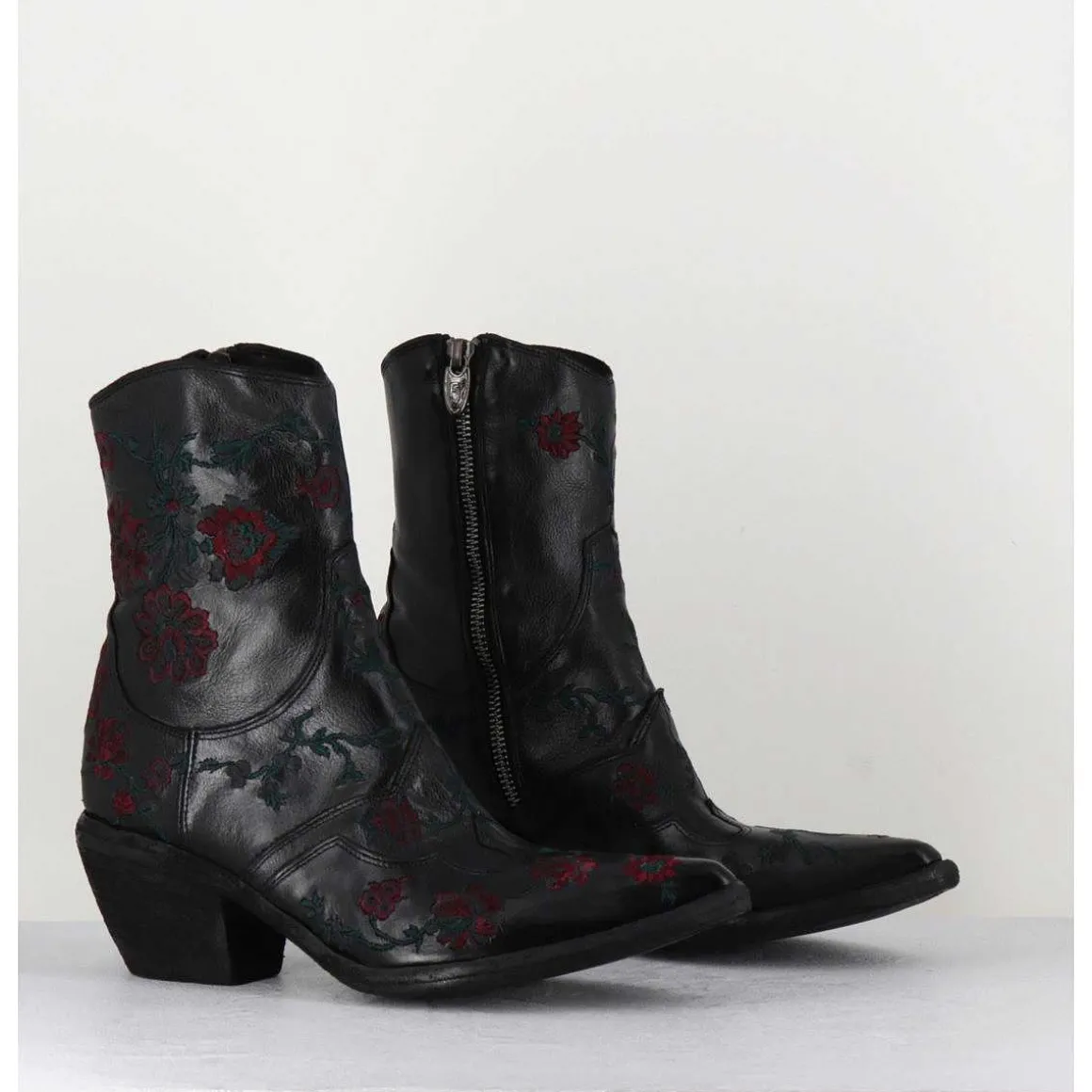 Santiags Cuir Noir Broderies Fleurs - 3843 Ignis Nero