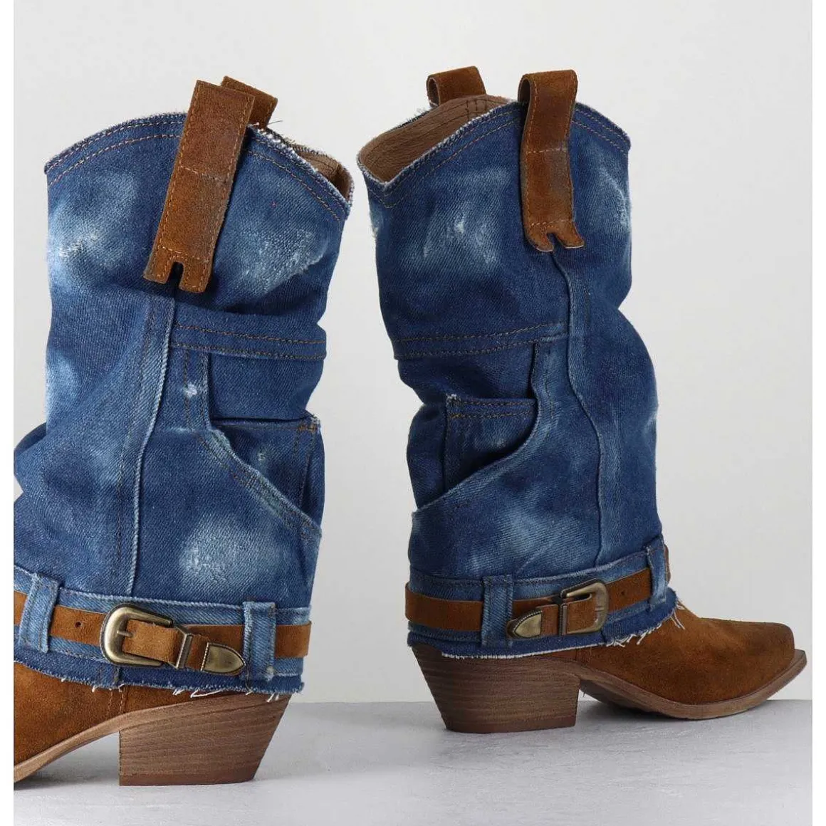 Santiags Daim Camel & Guetre Jean - Sada Jeans Suede