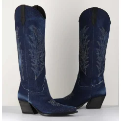 Santiags Hautes En Jean Bleu & Cuir Noir - Pe3037 Jeans