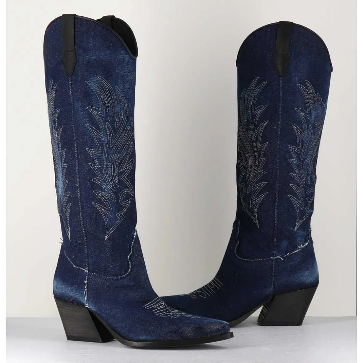 Santiags Hautes En Jean Bleu & Cuir Noir - Pe3037 Jeans