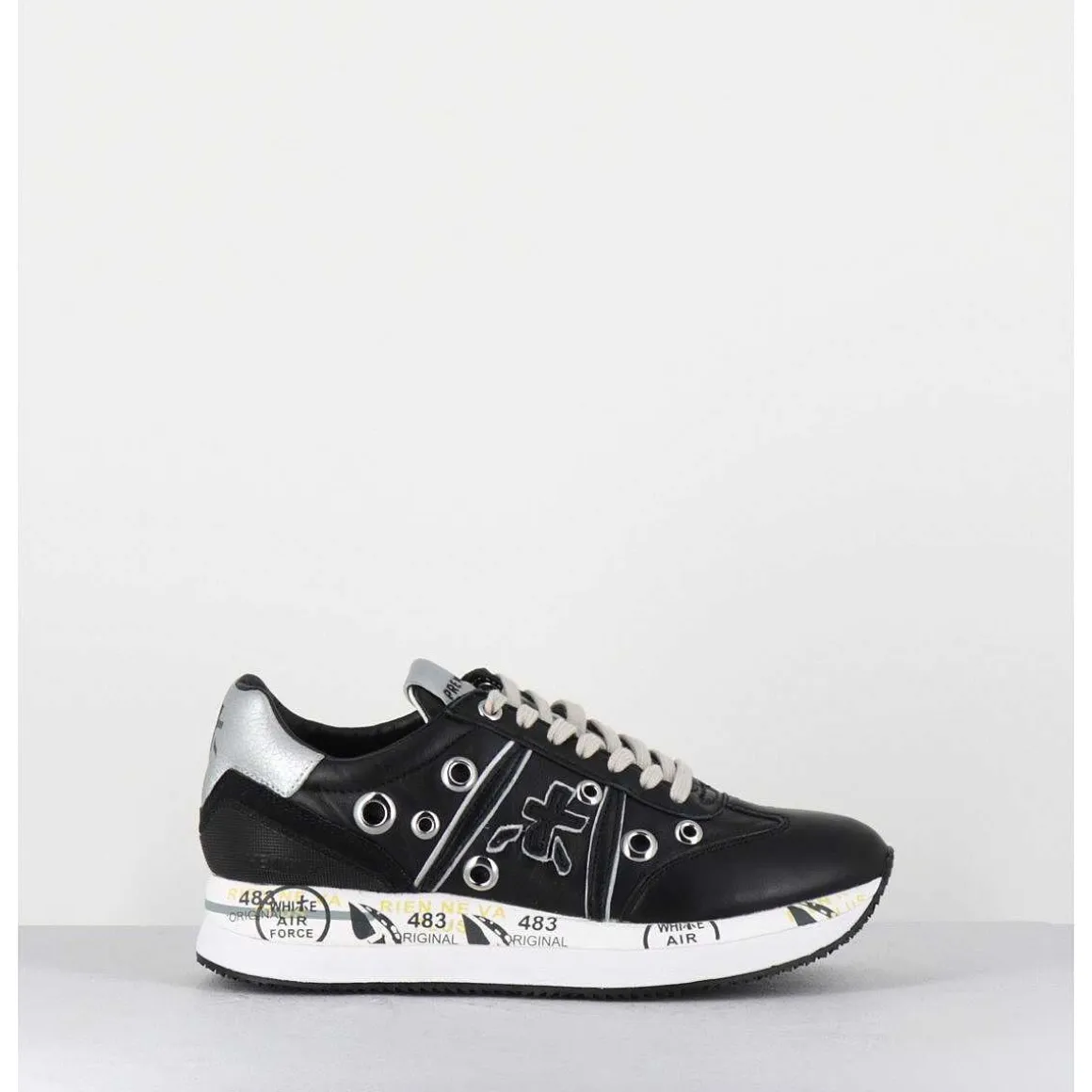 Sneakers Double Semelle Cuir Noir & Rivets - Conny 6553
