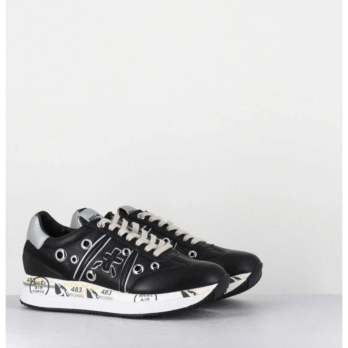 Sneakers Double Semelle Cuir Noir & Rivets - Conny 6553