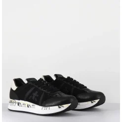 Sneakers Double Semelle En Cuir & Toile Noirs - Conny 4821