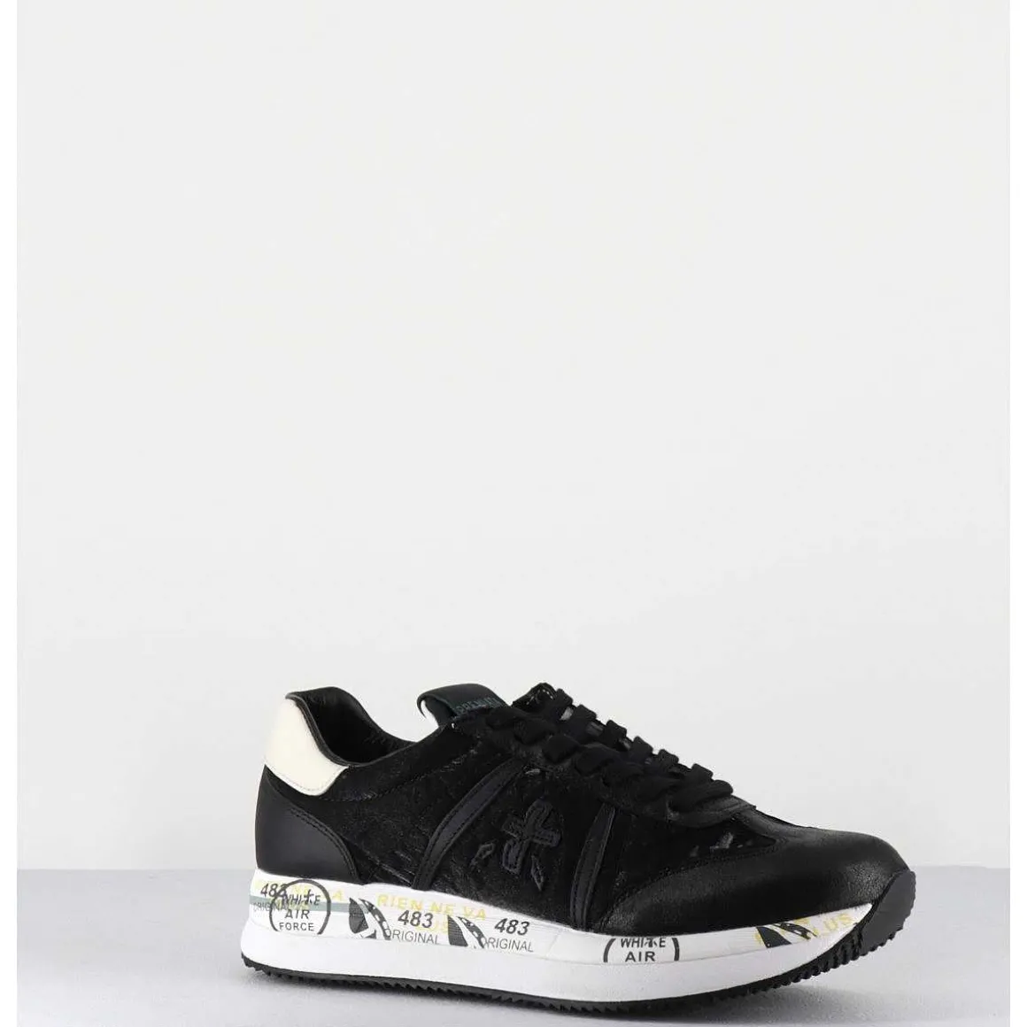 Sneakers Double Semelle En Cuir & Toile Noirs - Conny 4821