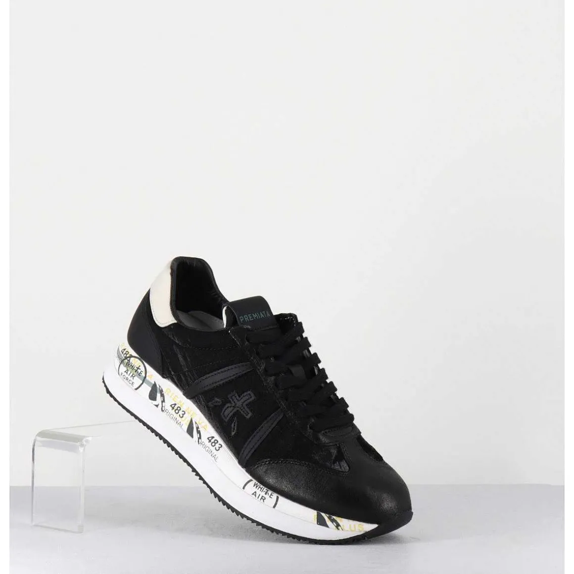 Sneakers Double Semelle En Cuir & Toile Noirs - Conny 4821