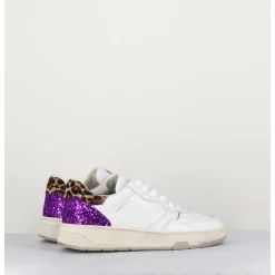 Sneakers En Cuir Blanc & Glitter Violet - Timeless Low