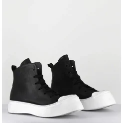 Sneakers En Cuir Huile Noir & Semelle Blanc Destructuree - 3543 Gas Nero