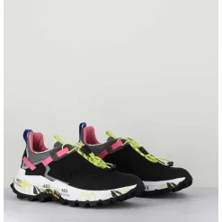Sneakers Track Sole Toile Noir & Elastique Fluo - Crossd 257