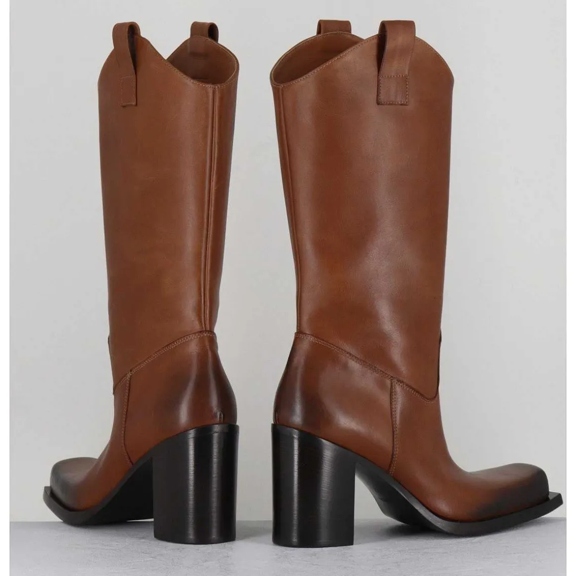 Texan Boots Bout Carre En Cuir Camel - E3656 Sughero