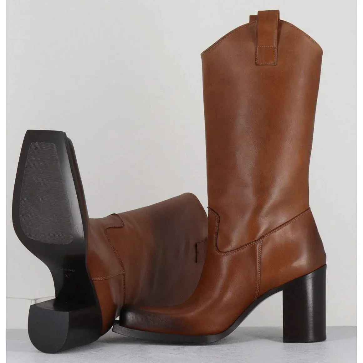 Texan Boots Bout Carre En Cuir Camel - E3656 Sughero