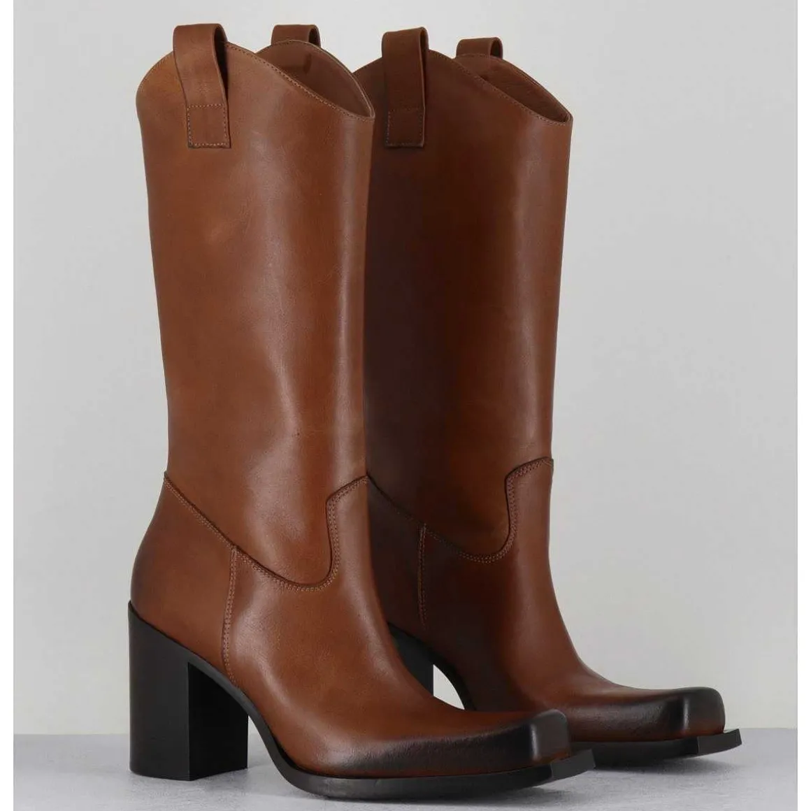 Texan Boots Bout Carre En Cuir Camel - E3656 Sughero