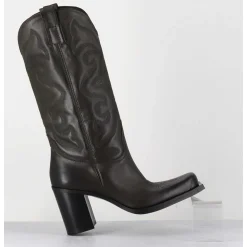 Texan Boots Bout Carre En Cuir Khaki & Surpiqures - E3660 Militare