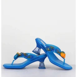 Tong Cuir Bleu & Plexi Ornees De Coquillages - Oceane Blue Sandals
