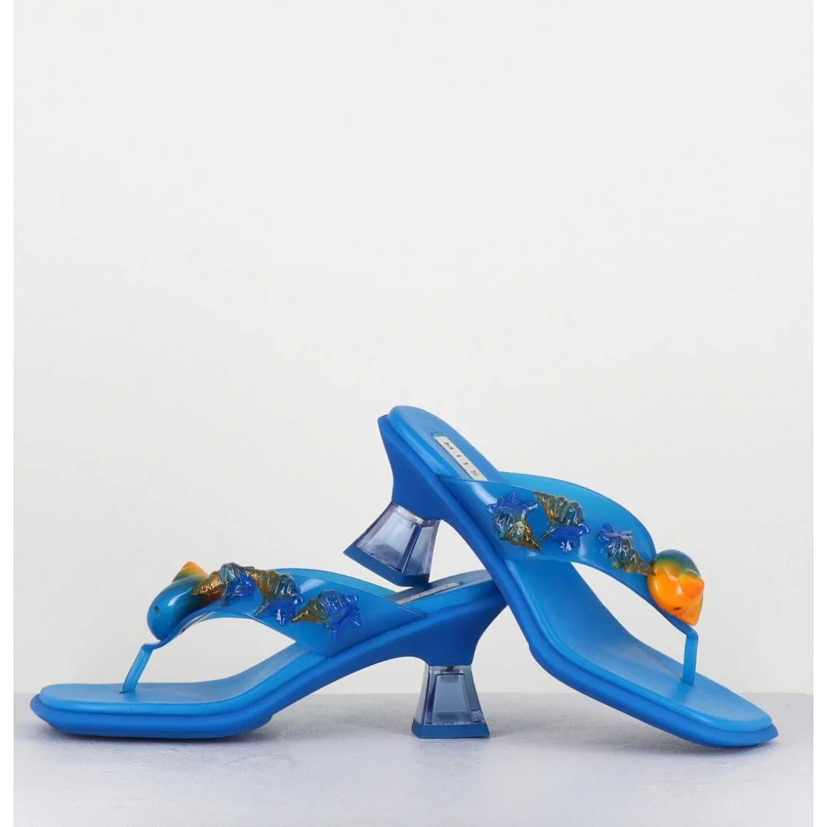 Tong Cuir Bleu & Plexi Ornees De Coquillages - Oceane Blue Sandals