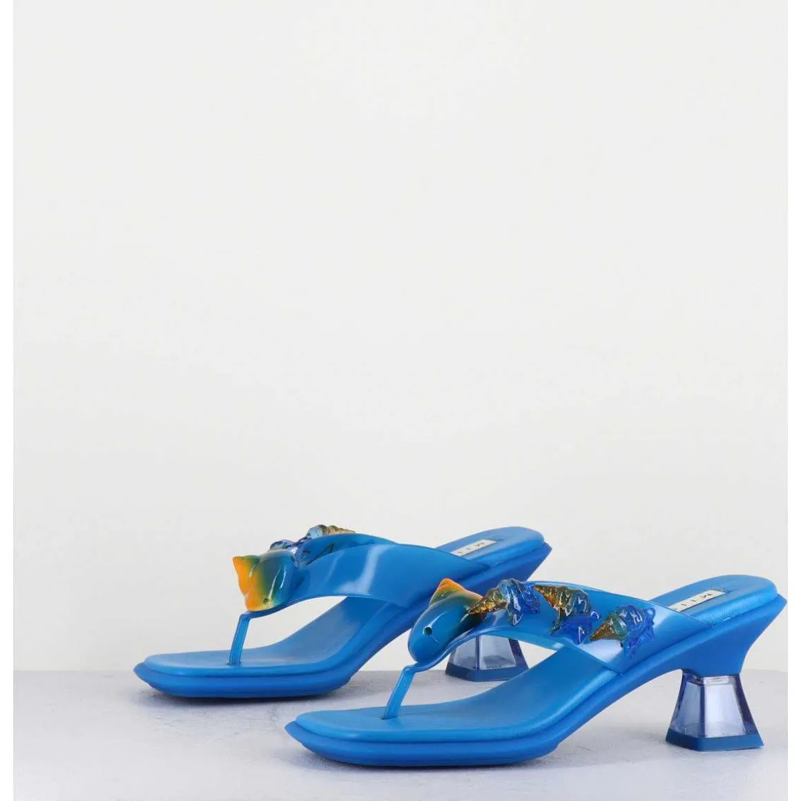Tong Cuir Bleu & Plexi Ornees De Coquillages - Oceane Blue Sandals